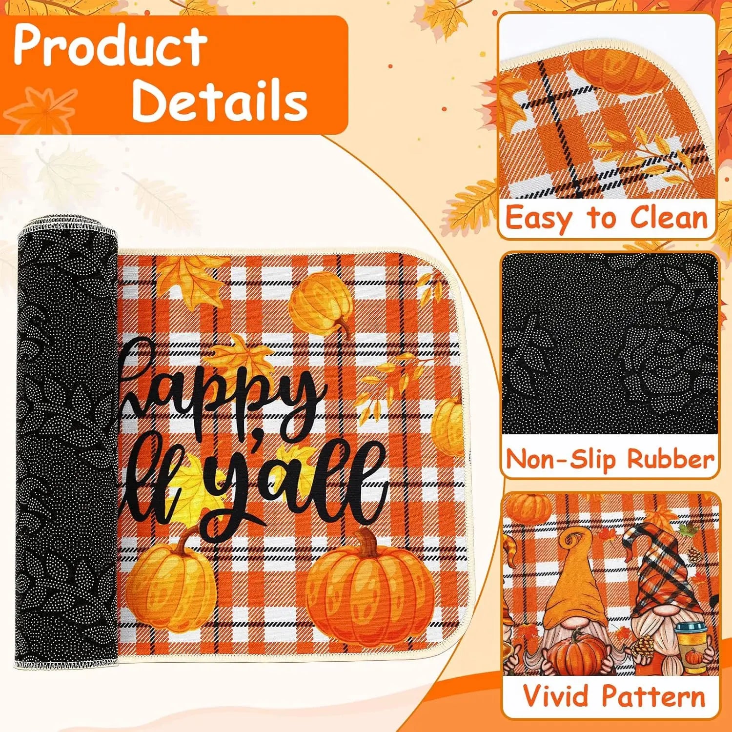 Herbstliche Küchenmatten, 2er-Set: mit orangefarbenem und weißem Karodesign, Kürbissen, Zwergen und dem Text „Happy Y’all“ für die Thanksgiving-Dekoration.
