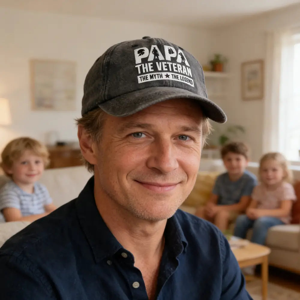 une casquette de baseball pour père vétéran en coton gris foncé délavé, brodée d’un texte blanc indiquant « papa le vétéran et la légende, le mythe, conçu pour les papas vétérans ».