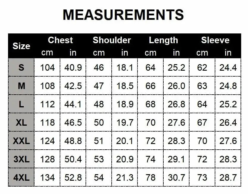 Size chart for men’s leather motorcycle jacket with removable hood showing measurements in centimeters and inches for sizes S through 4XL.