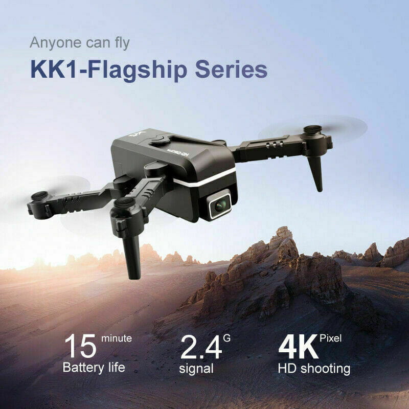 Drone à air quad noir de la série phare kk1, avec bras repliables et objectif de caméra avant, conçu pour la prise de vues aérienne en double caméra HD 4K et pour le vol par radiocommande.