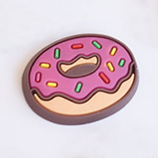 Pink frosted donut-shaped food themed shoe charm with colorful rainbow sprinkles and a brown chocolate center for sandals and clogs.