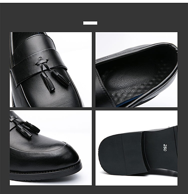 Mocassin en cuir noir à gland, finition polie, avec détails cousus, issu de la collection de mocassins en cuir à gland poli pour hommes.