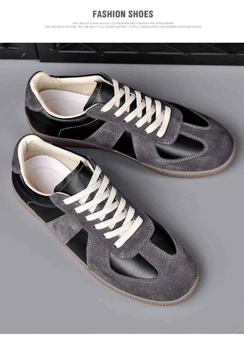 Schwarze und graue Veloursleder- sowie Leder-Trainingsschuhe für Herren aus Deutschland, Herren-Leder-Casual-Sneaker mit weißen Schnürsenkeln