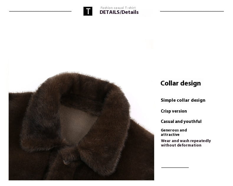Brown faux fur collar with a simple crisp design on a men’s faux fur winter coat.