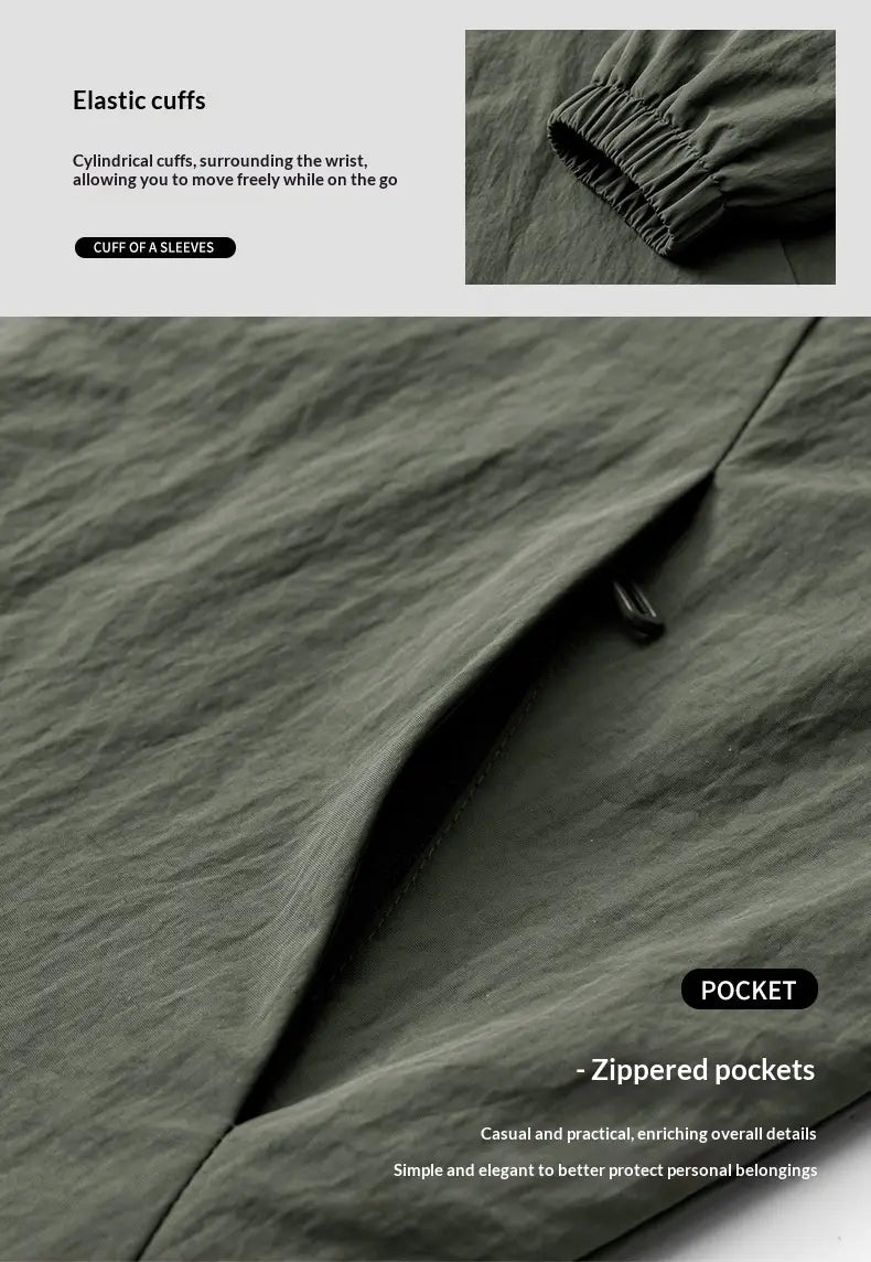 Poignets élastiques vert olive, de forme cylindrique, sur une veste coupe-vent imperméable zippée légère pour homme, offrant un ajustement confortable et flexible