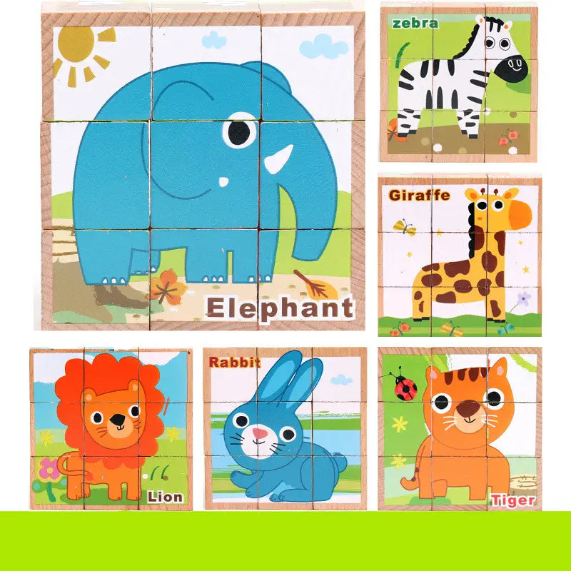 puzzle en cube en bois bleu, 6 en 1, présentant un éléphant de dessin animé avec des défenses et des yeux blancs, dans une scène extérieure ensoleillée, pour un jeu éducatif précoce.