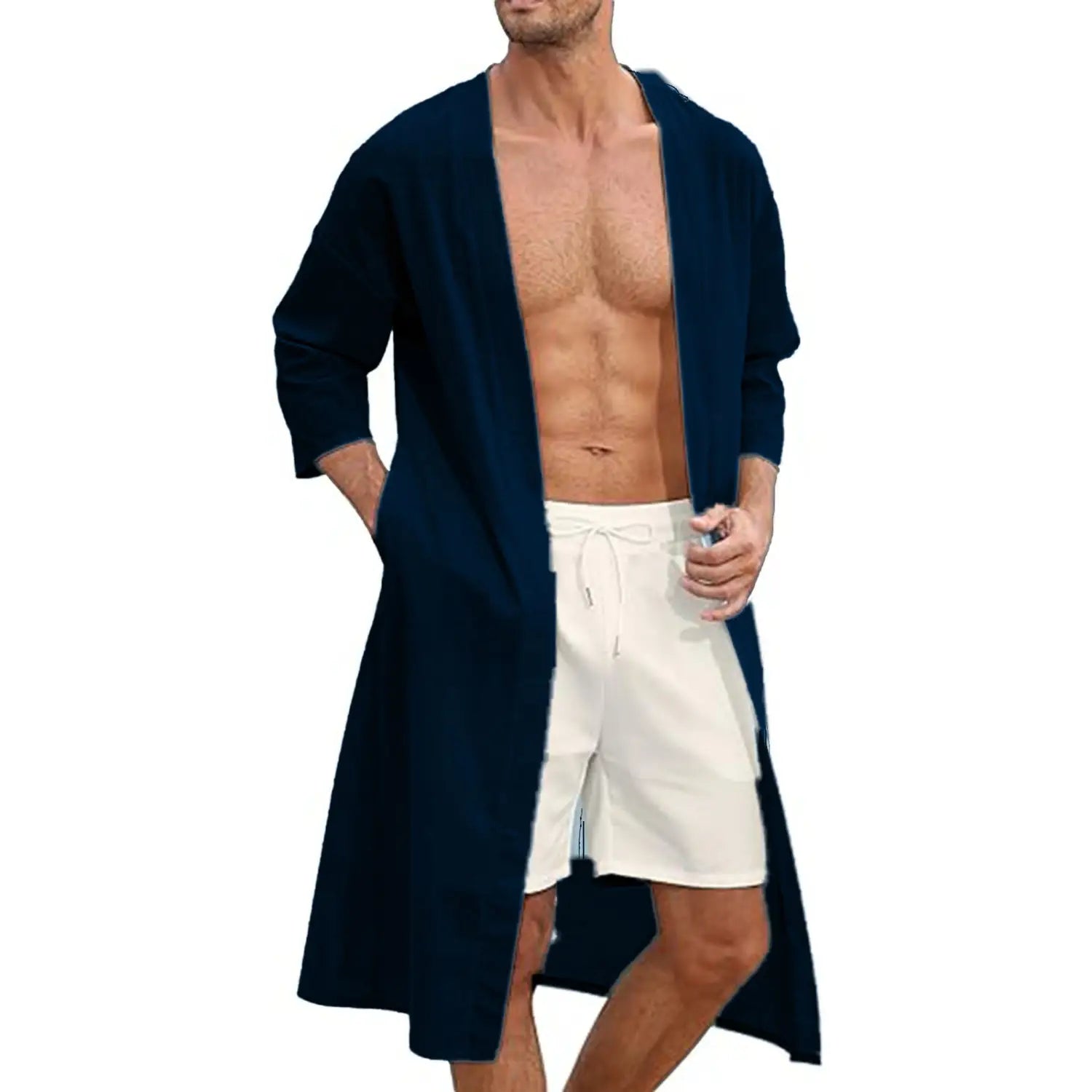 A navy blue men’s relaxed fit open front kimono cardigan with long sleeves and side pockets.