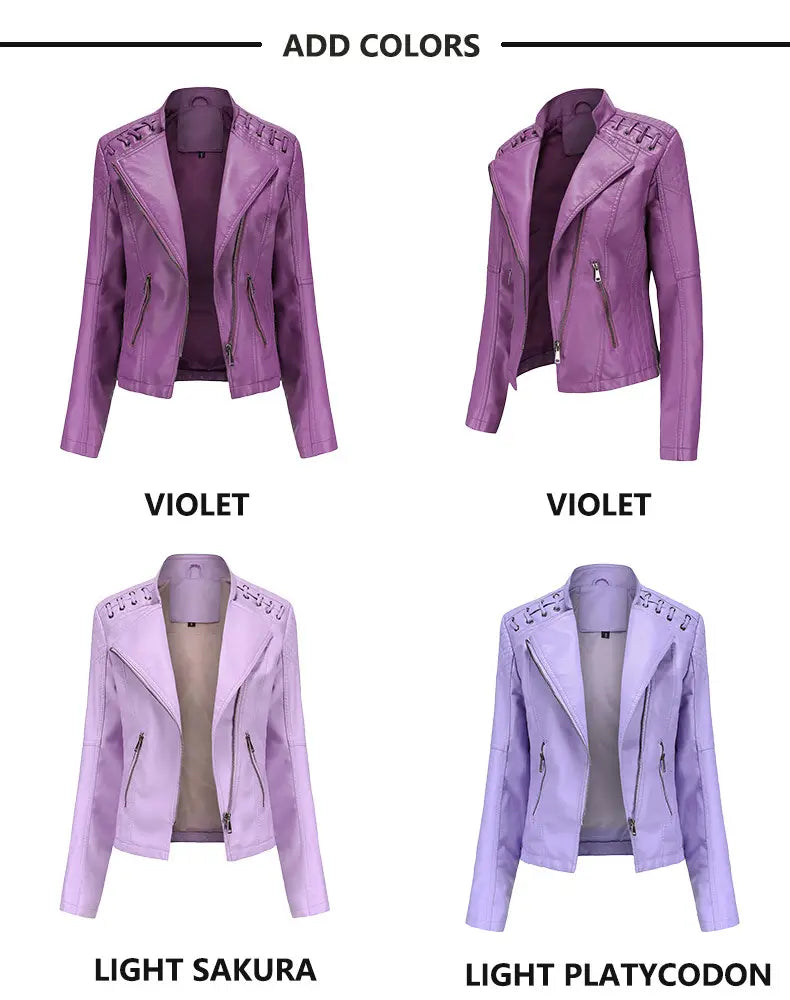 Lila Faux-Leder-Motorradjacke für Damen im Slim Fit mit Nietendetails an den Schultern und Reißverschluss-Details