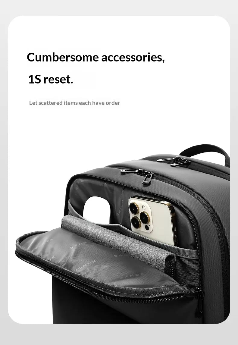 Black business commuter backpack with large capacity laptop bag featuring multiple zippered compartments and a dedicated phone pocket