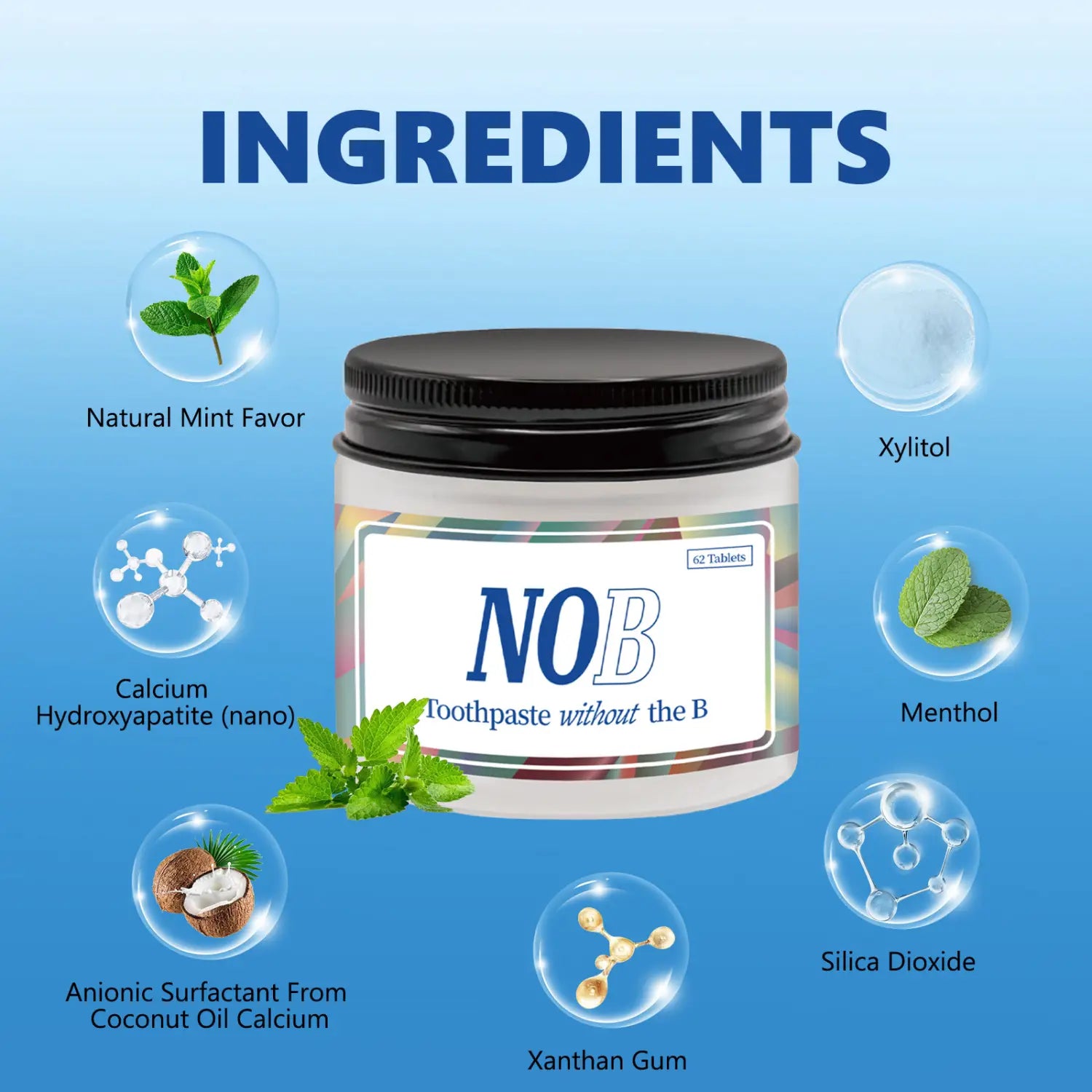 A white jar with a black lid and colorful label featuring the brand name Nob containing 62 solid toothpaste tablets and portable breath mints.
