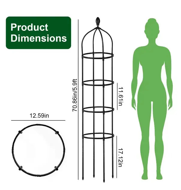 black metal garden obelisk trellis 2 pack featuring a domed top and four circular rings measuring 5.9 feet tall designed as a plant tower for garden use