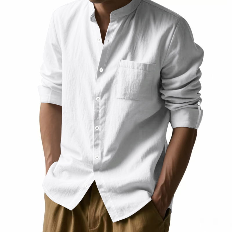 mens casual linen stand collar long sleeve shirt in white with subtle texture and rolled up sleeves made from lightweight linen fabric.