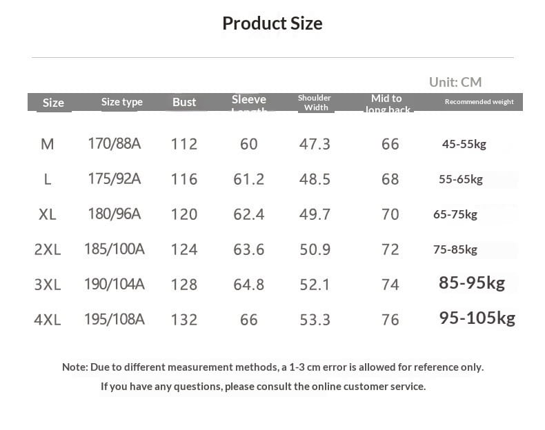 Product size chart for men casual business stand collar jacket showing measurements in centimeters for sizes m through 4xl.
