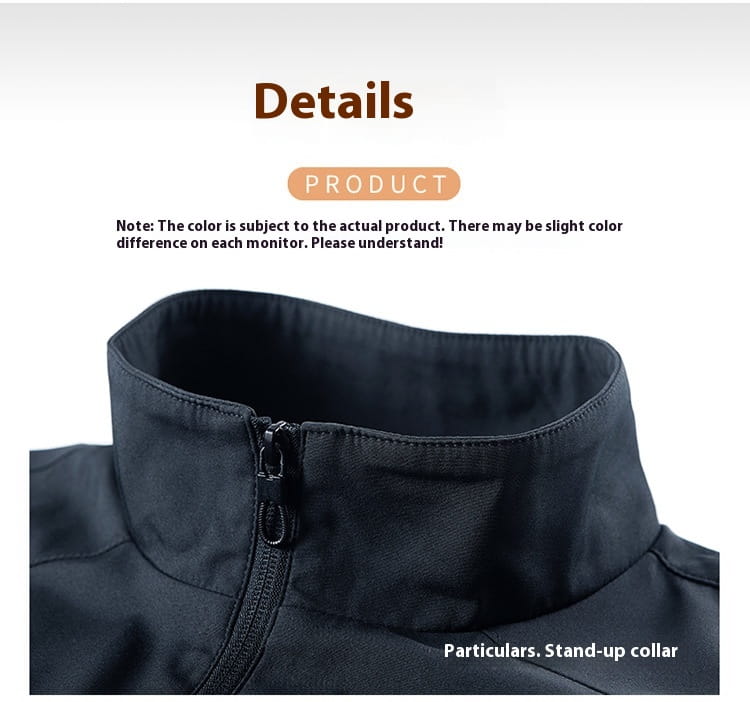 Men casual lightweight outdoor windbreaker jacket in black with stand-up collar and zipper closure.