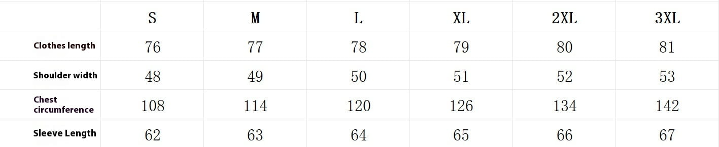 Size chart for men’s relaxed fit cotton linen long sleeve shirt displaying measurements in centimeters across sizes S through 3XL.