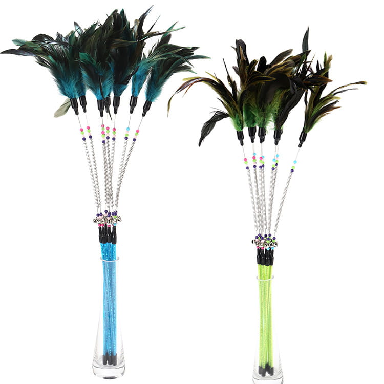 Cat Toy Spring Bell Feather Wand with Colorful Beads