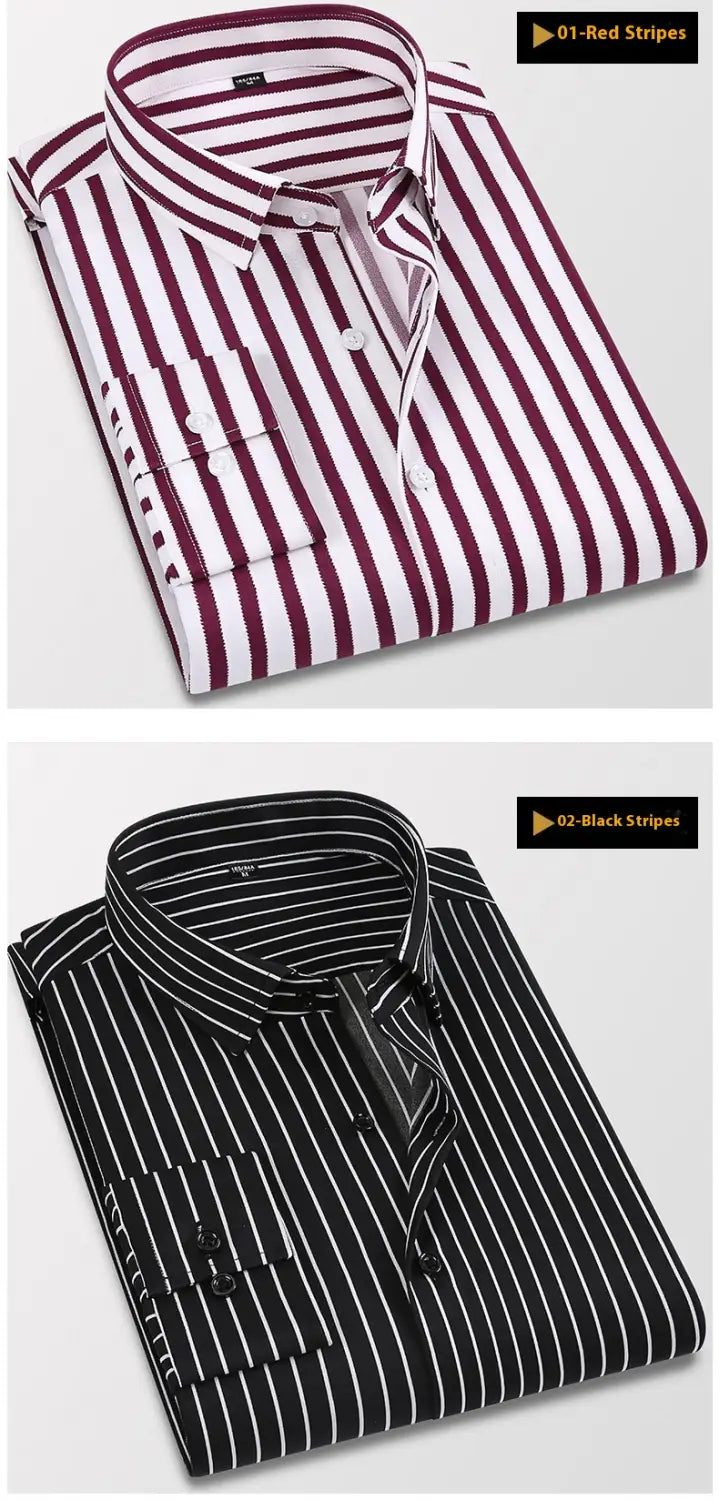 Ein ordentlich gefaltetes Herren gestreiftes Langarm-Slim-Fit-Hemd mit klassischem spitzem Kragen und geknöpften Manschetten mit vertikalen roten Linien auf weißen Streifen.
