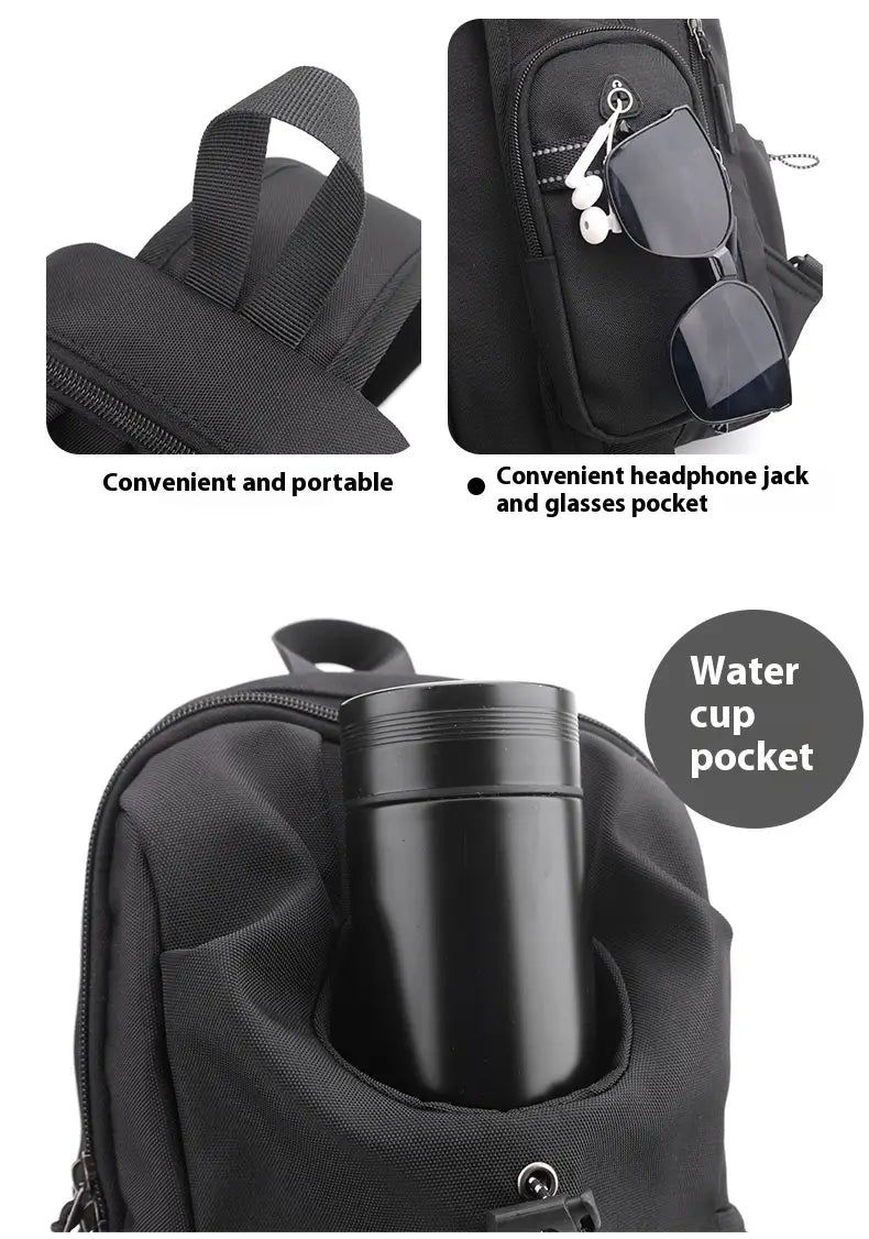Schwarze wasserdichte Herren-Oxford-Gewebe-Minimalist-Crossbody-Brusttasche aus Nylon mit einer Tasche für eine Wasser-Tasse und einem Kopfhörer-Klinken-Gläserfach.