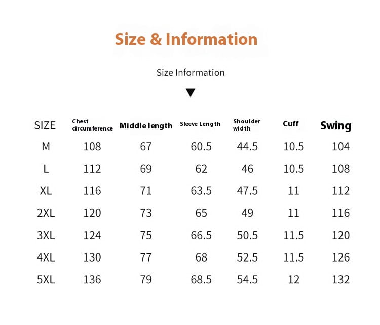 Size and information chart showing measurements in centimeters for men casual jacket lightweight outdoor windbreaker available in sizes m to 5xl.