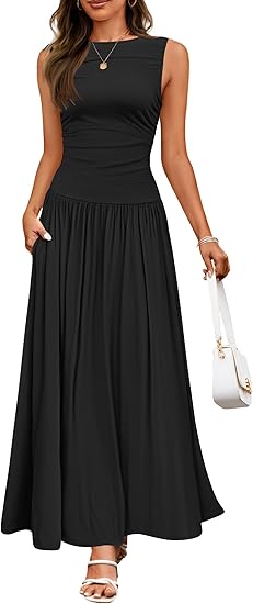 Black sleeveless pleated maxi dress with fitted bodice and flowing skirt featuring pockets.