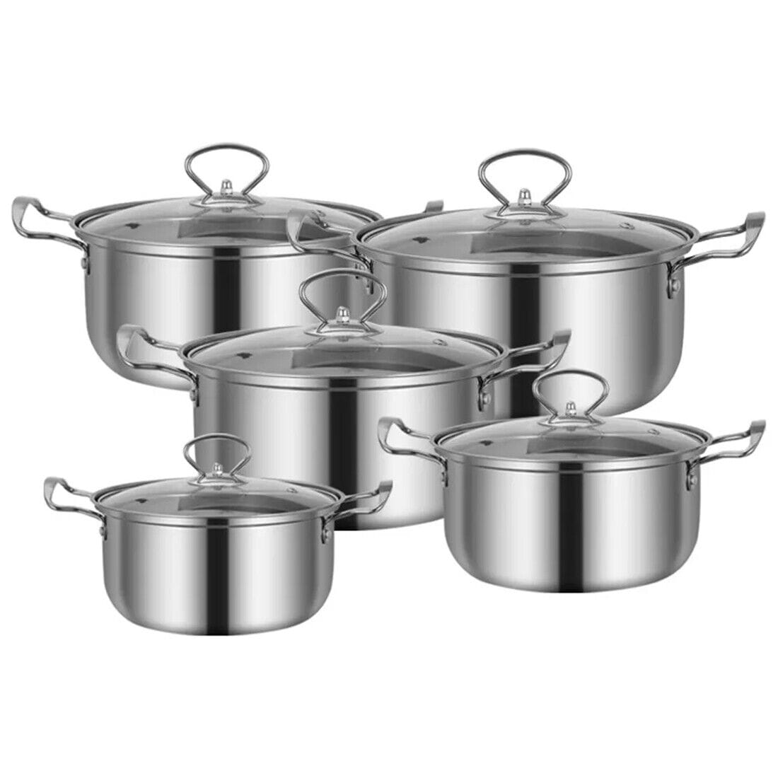 Set of four stainless steel induction cookware pots with glass lids and loop handles in a stainless steel induction cookware set 11 pieces.
