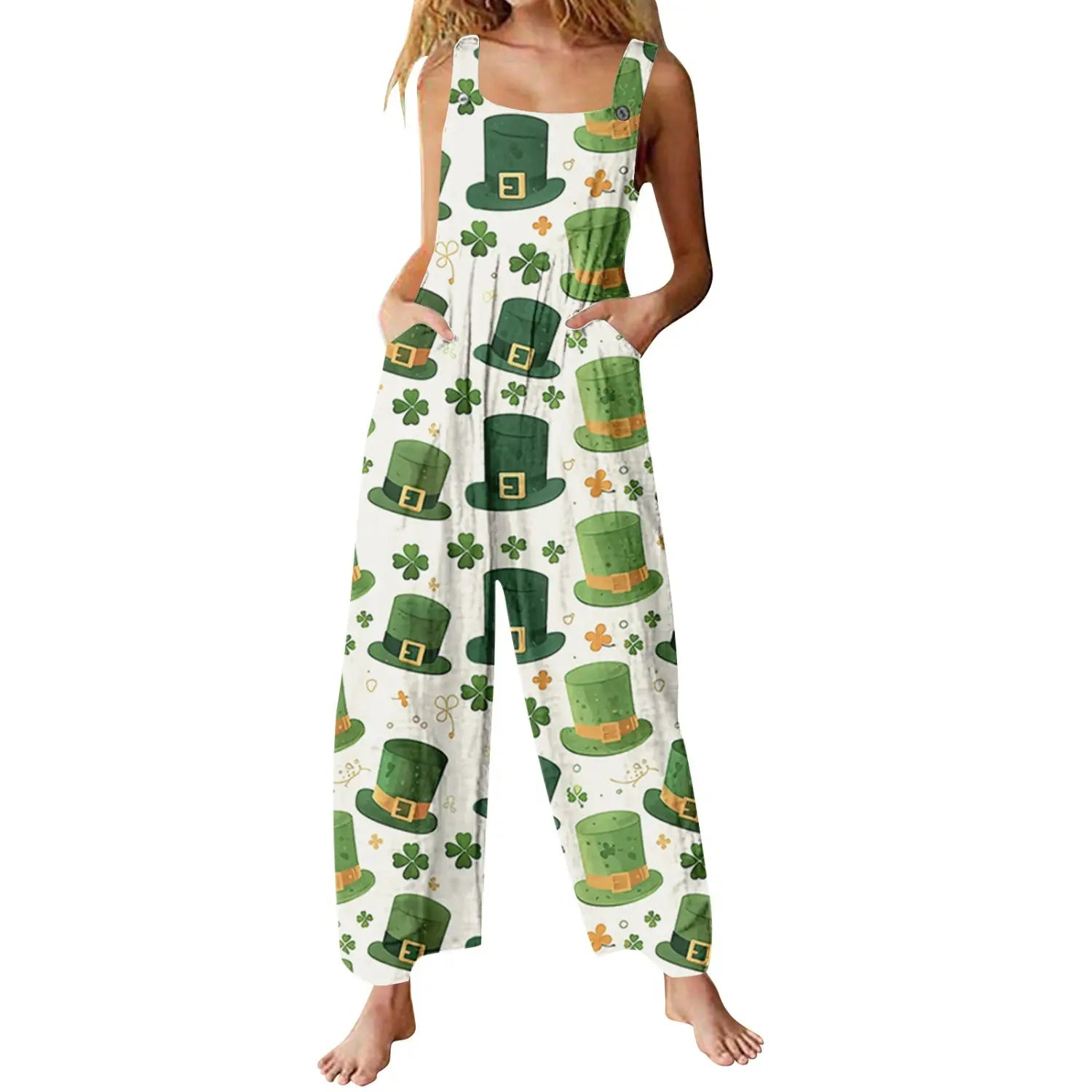 white sleeveless jumpsuit featuring a repeating pattern of green leprechaun hats with gold belts and shamrocks designed as casual suspender pants with 3d printed buttons