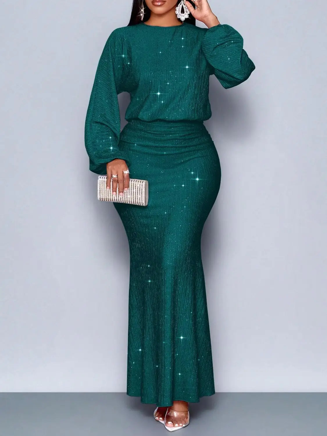 Emerald green sequined two-piece set featuring lantern long sleeves and a fitted mermaid skirt.