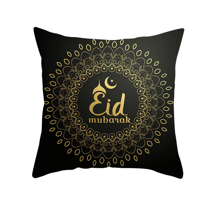Cojín decorativo negro con un diseño de mandala en dorado, el texto eid mubarak y un motivo de luna creciente de la colección de funda de cojín de Ramadán Kareem azul y oro para linterna Eid.