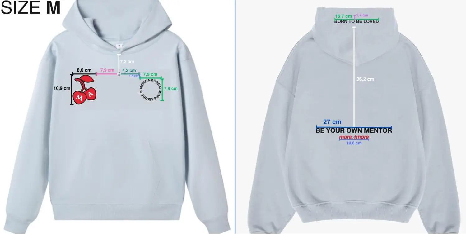 light blue heavyweight off shoulder graphic cotton blend hoodie with a red cherry graphic on the front and text printed across the back shown from the back side