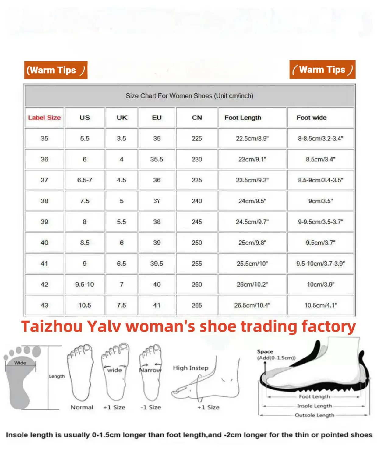 Größentabelle für Damen-Retro-Chunky-Sneaker aus atmungsaktivem Veloursleder mit niedrigem Schaft von Taizhou Yalv Woman’s Shoe Trading Factory; Darstellung der Maße in cm und Zoll für verschiedene internationale Größen mit Richtwerten für Fußbreite und -länge.