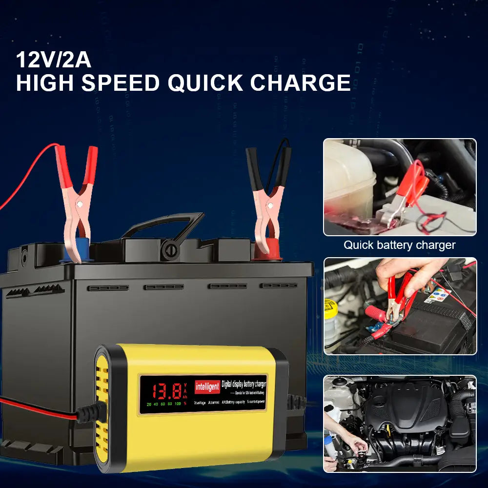 Cargador inteligente para batería de automóvil de 12 V amarillo de 2 A, con carga rápida de alta velocidad, pantalla LED roja y pinzas negras, para baterías AGM y de gel