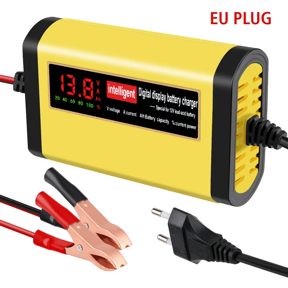 cargador inteligente para batería de automóvil de 12 V amarillo y negro con pantalla digital de 2 A, con enchufe europeo y pinzas tipo caimán rojo y negro, adecuado para baterías AGM y de gel