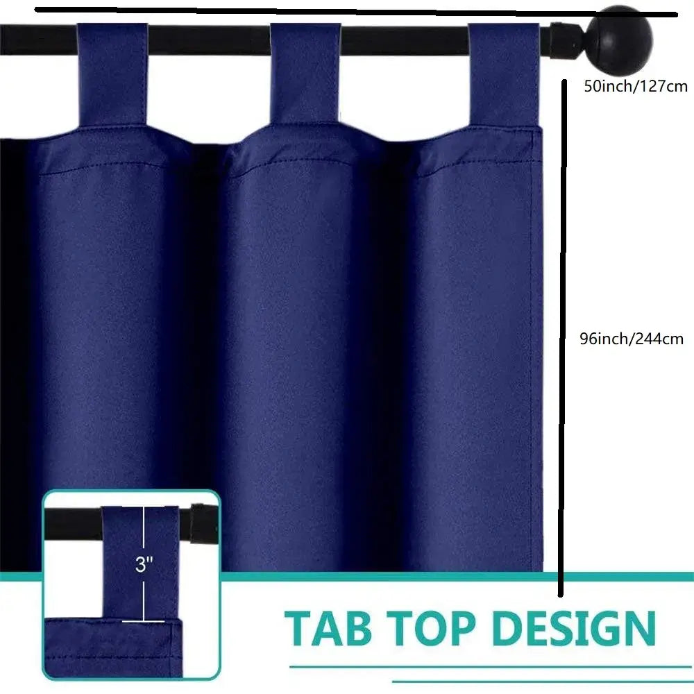Navy outdoor curtains with waterproof durable fabric in deep navy blue and reinforced tab top for easy hanging.