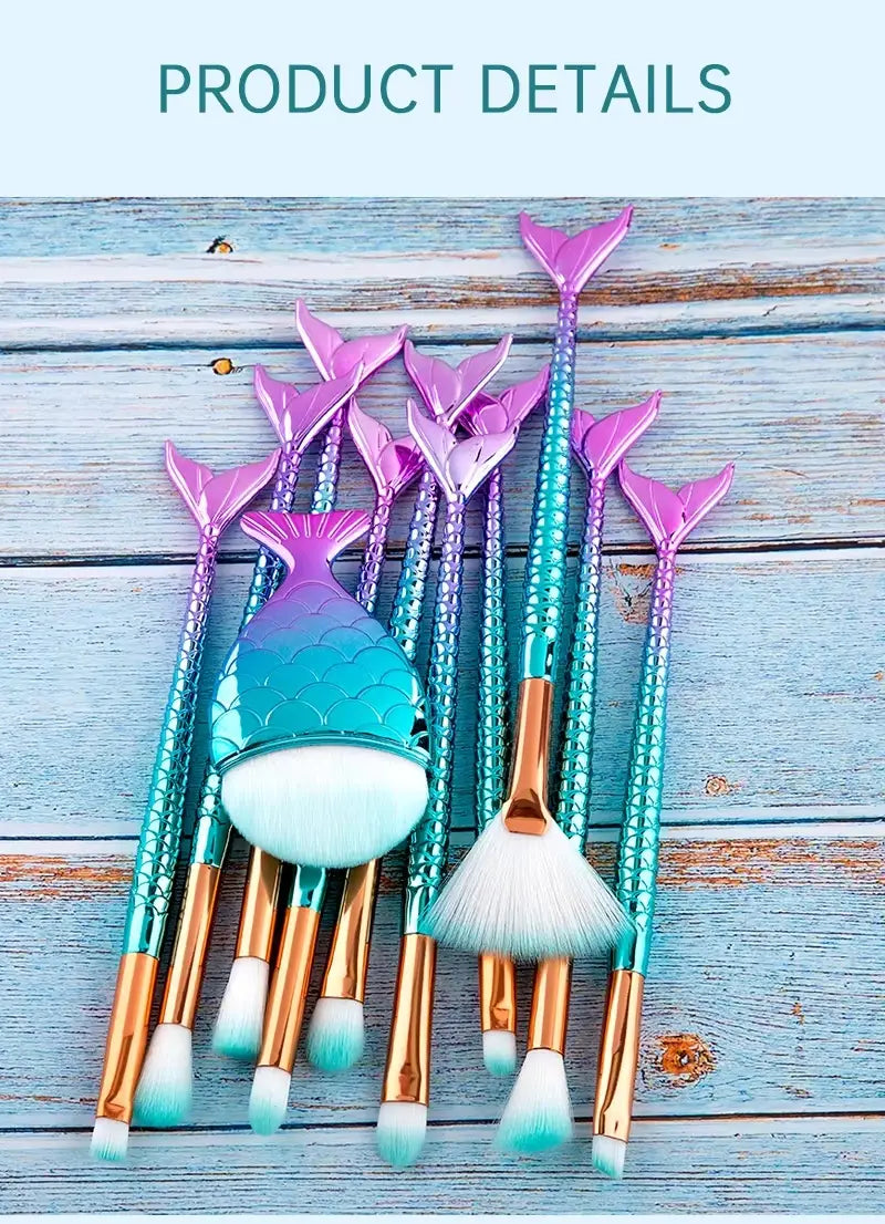 A set of 11pcs mermaid makeup brushes with iridescent teal and purple synthetic fiber scales, gold ferrules, and soft bristles in various shapes.