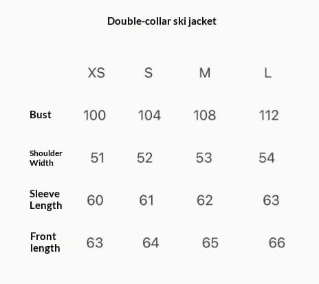 double-collar ski jacket size chart showing bust shoulder width sleeve length and front length measurements for women’s belted hooded puffer coat sizes xs to l.