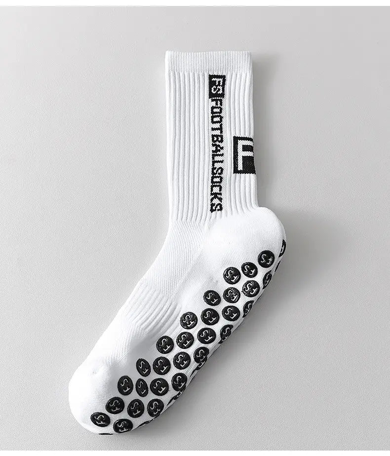 White anti-slip football grip socks for men featuring black circular patterns on the sole and vertical f5 football socks text along the side.