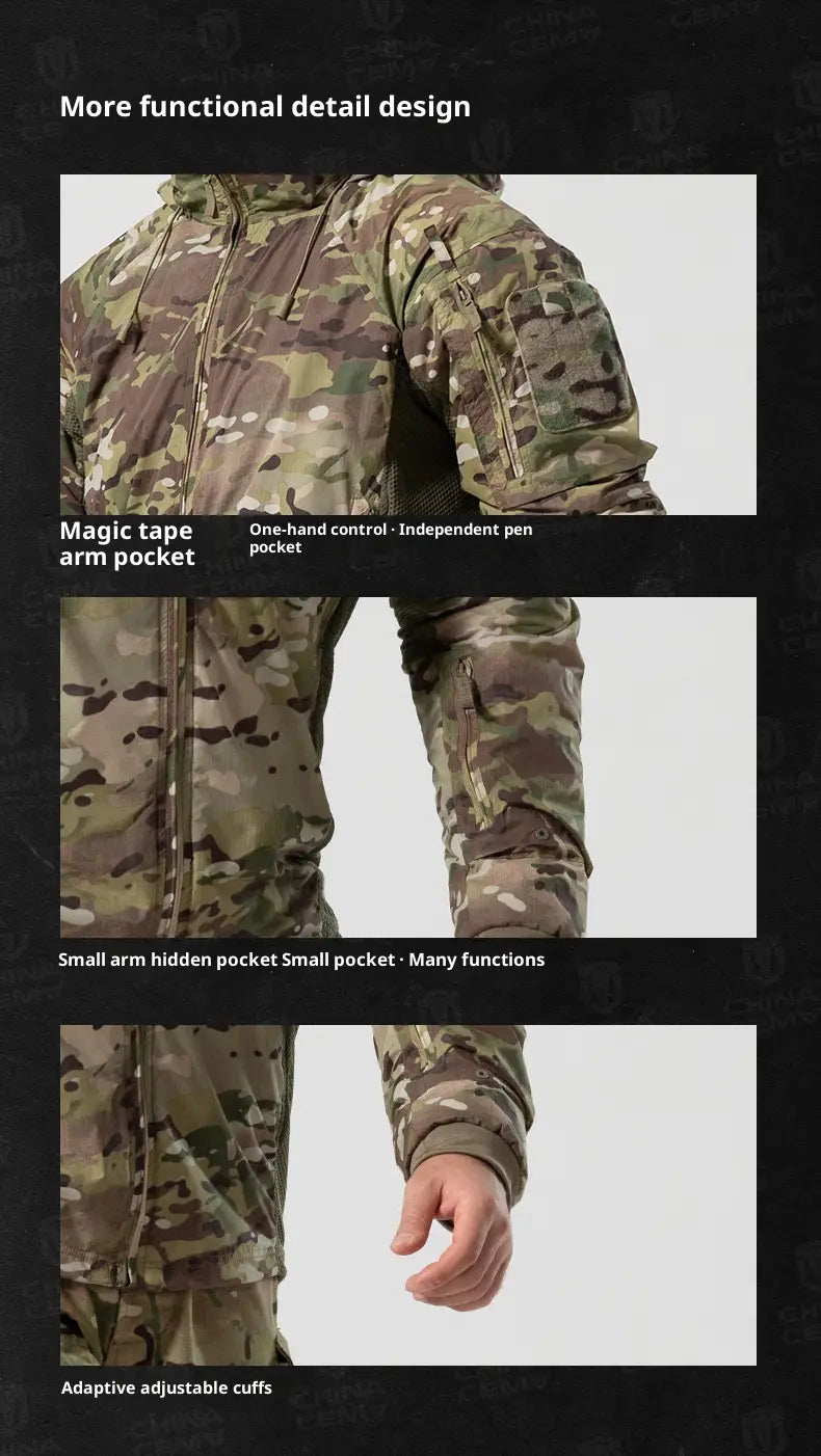 Veste tactique légère en coton softshell en motif camouflage, dotée de plusieurs poches fonctionnelles et de poignets réglables.