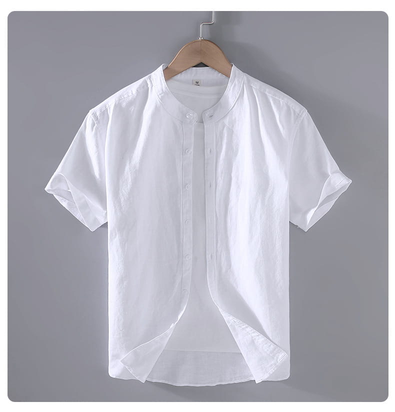 Men linen mandarin collar short sleeve shirt in white made of lightweight fabric with a button-up front and short sleeves