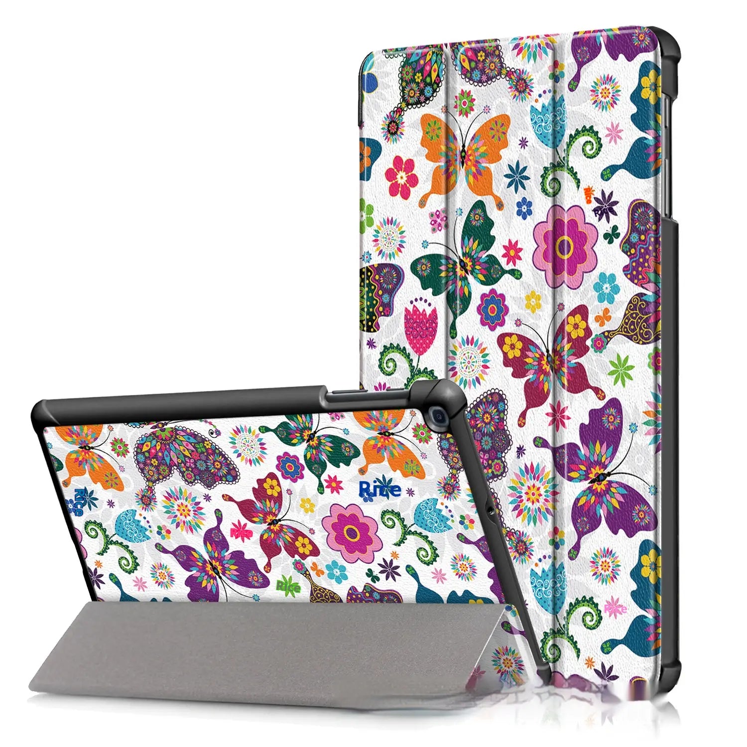 Funda tipo libro de cuero para tableta Samsung con un colorido patrón de mariposas y flores, que incluye un soporte para el uso con manos libres.