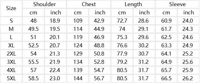 The size chart for the men’s ribbed knit half zip corduroy polo sweatshirt displays detailed measurements in centimeters and inches for sizes S to 5XL.
