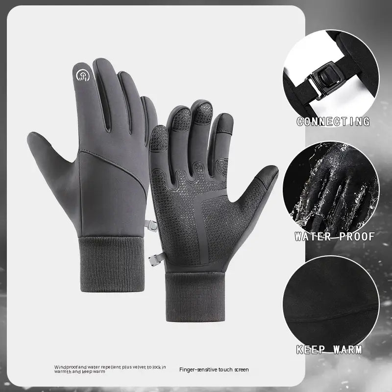 Black touchscreen winter gloves made of waterproof fleece with warm insulation suitable for sports and cold weather.