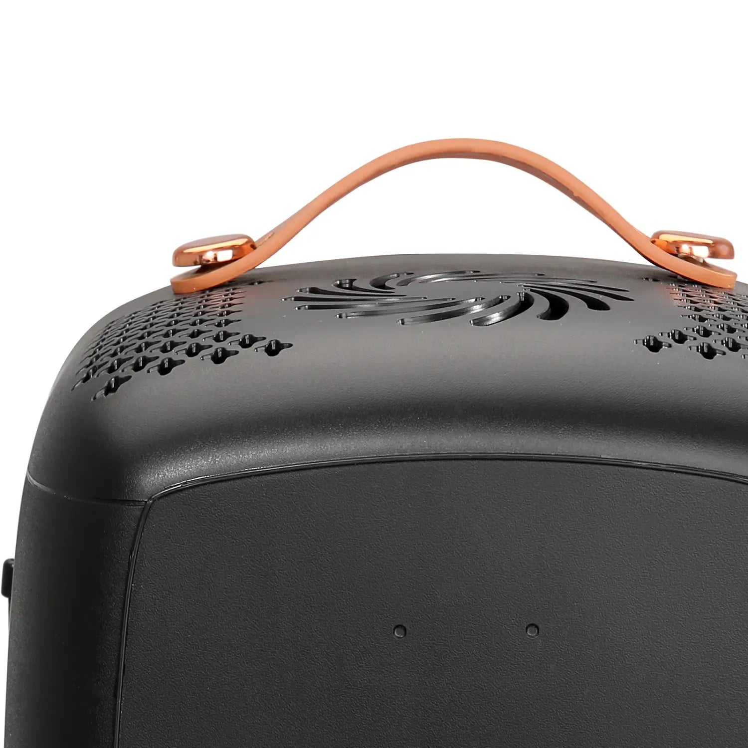 Haut-parleur portable noir avec poignée en cuir or rose et design de grille perforée, présenté à côté du réfrigérateur Vevor 6 l pour soins de la peau avec miroir à LED et accents or rose.