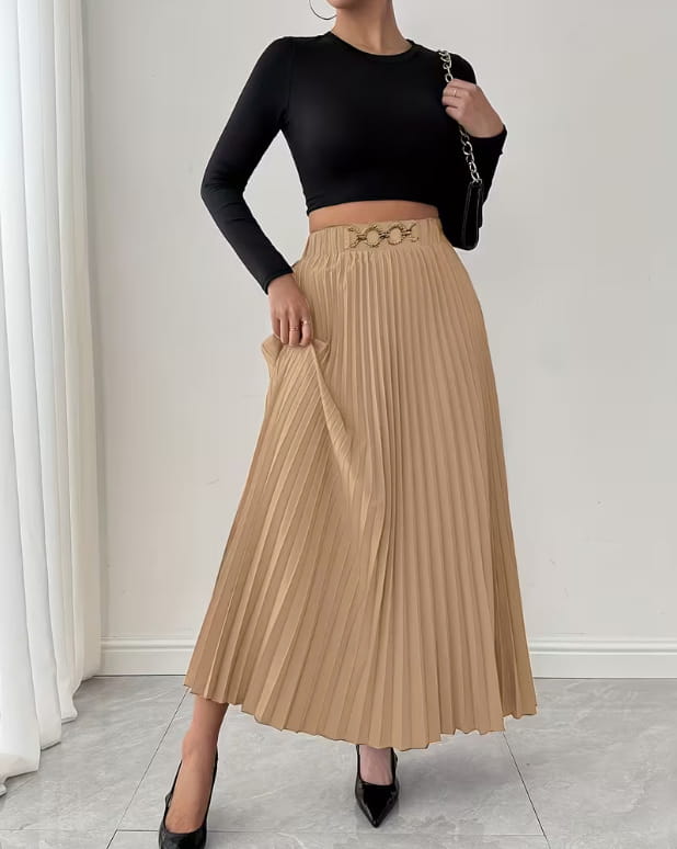 Beige pleated midi skirt with decorative gold chain belt detail high waisted a line design.