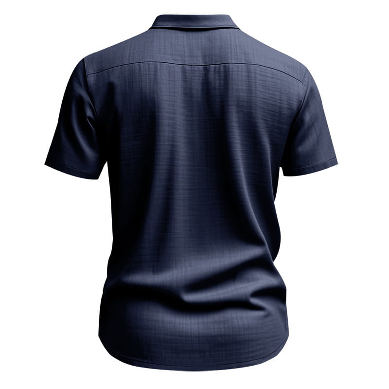 Dunkel-Navyfarbenes Polohemd mit kurzen Ärmeln für Herren mit dezentem, strukturiertem Gewebe aus Leinen, entworfen als legeres Button-down.
