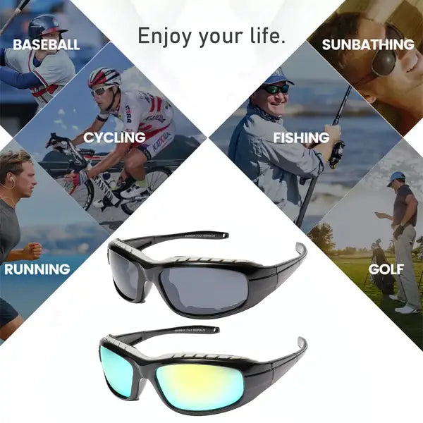 black sport sunglasses with polarized lenses and a rugged textured frame designed for windproof sport riding.