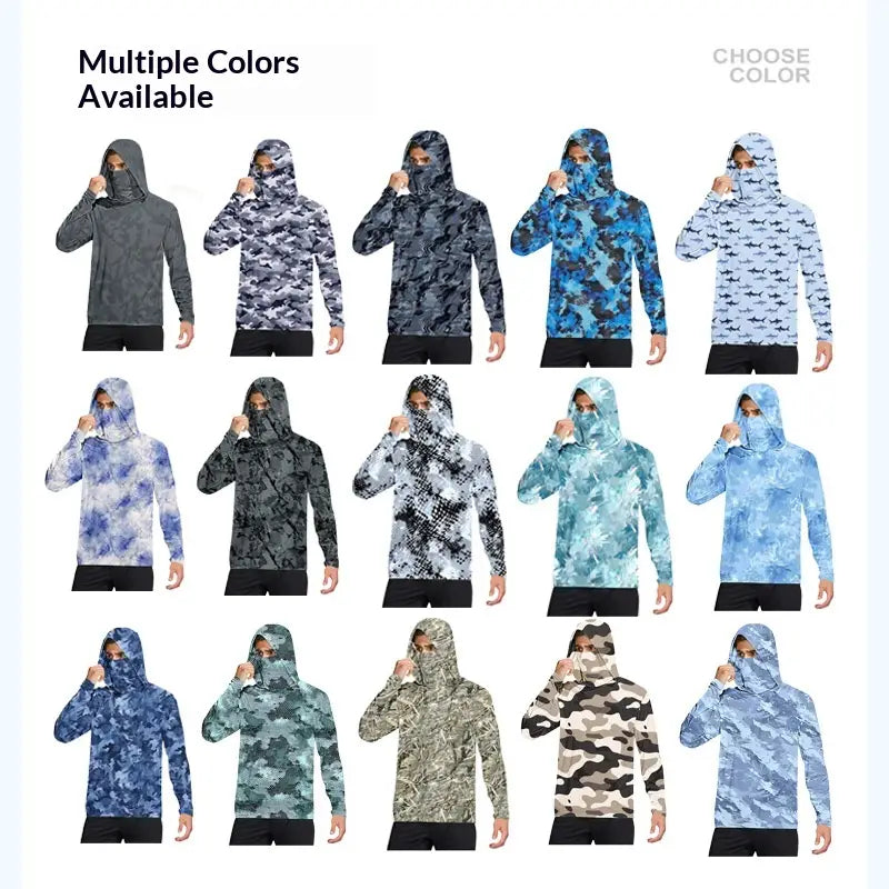 Colección de sudaderas con capucha para protección solar de seda de hielo para exteriores, con mangas largas y máscaras integradas que protegen el rostro, en diversos diseños de camuflaje y con patrones, con varias opciones de color.