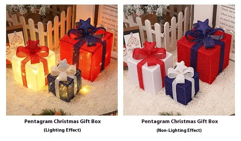 led christmas gift box set featuring a red glittery gift box with a blue ribbon bow.