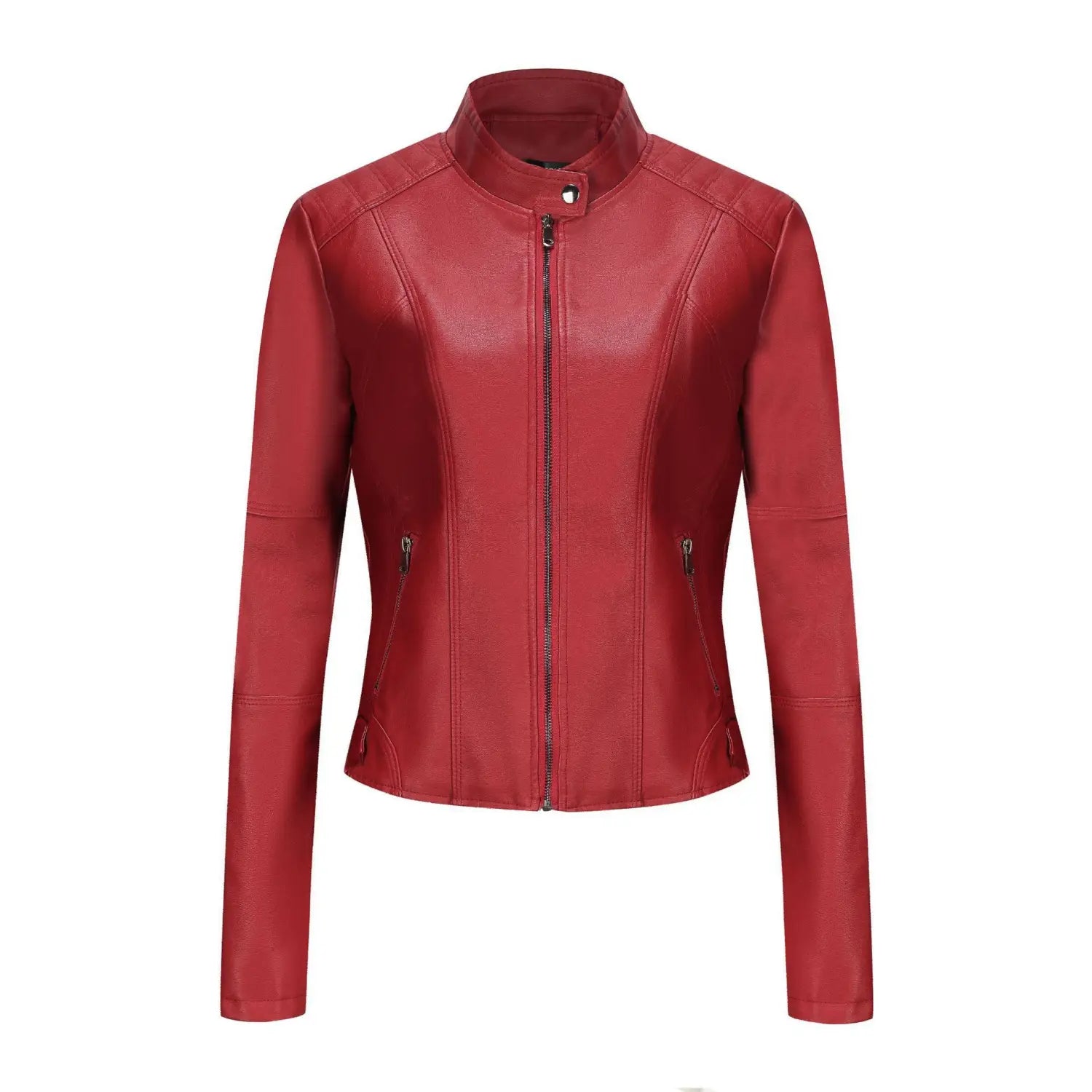 Une veste motard en faux cuir rouge vif, au style épuré, avec col montant et fermeture éclair frontale.