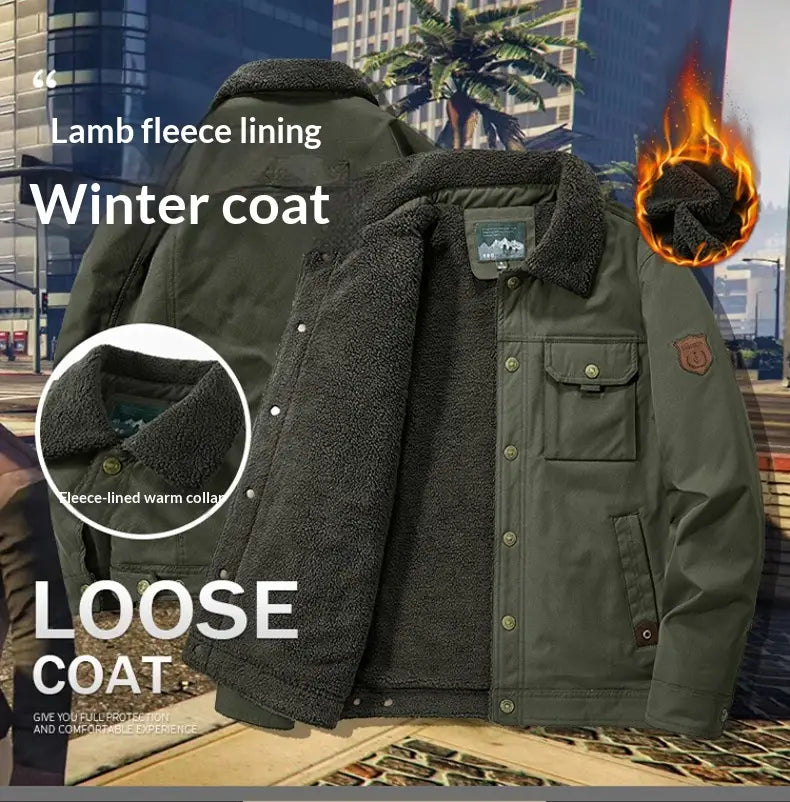 Manteau d’hiver pour homme en velours côtelé vert olive, doublure intérieure en laine d’agneau moelleuse et fermetures boutonnées, conçu comme une veste boutonnée en matelassé à empiècements.