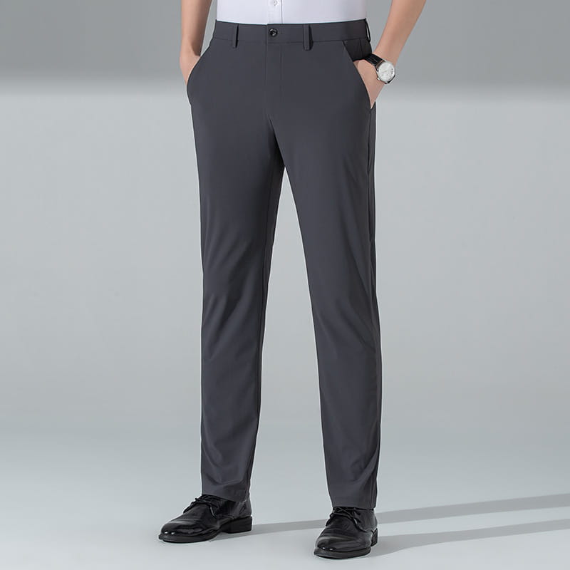 Men plus size dark gray formal trousers with a sleek straight-leg cut and subtle creases made from stretch material for casual and formal wear.